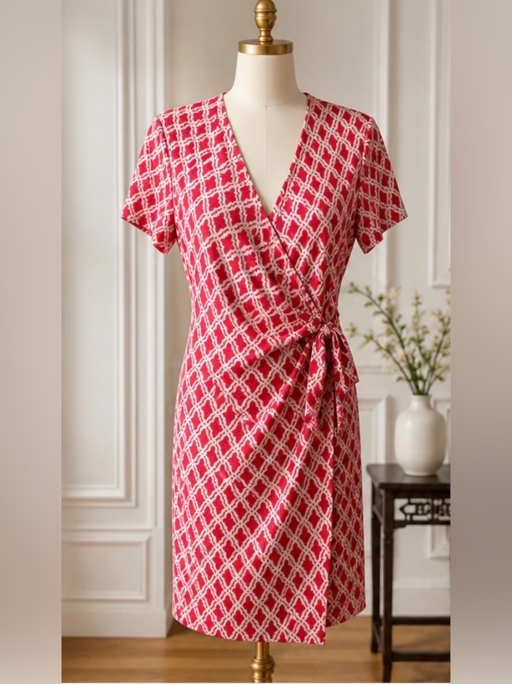 Anne Klein Red & White Geometric Wrap Dress